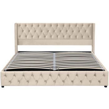 Cama Contenedor De Terciopelo Con Somier De Láminas 180x200 Cm - Beige