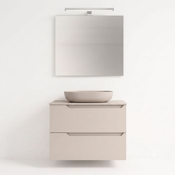 language Kibath Mueble de baño con Lavabo, Espejo y Aplique LED VICTORIA 60x45 cm SOBRE ENCIMERA acabado MOKA mate 2 cajones suspendido