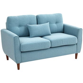 HOMCOM Sofá de 2 Plazas Tapizado en Lino Sintético para Salón Moderno con Reposabrazos Patas de Madera 140x78x83 cm Azul Claro