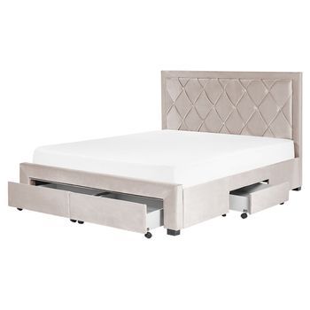 Cama Con Almacenaje De Terciopelo Beige 160 X 200 Cm Cajones Cabecero Alto Capitoné Glamuroso Lievin