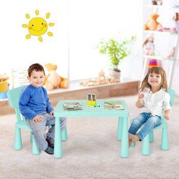 Conjunto De 3 Asientos Infantiles, Mesa Infantil Con 2 Sillas, Mobiliario Infantil De Plástico, Color Verde.