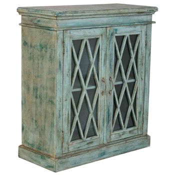 Aparador de madera y cristal con 2 puertas, 90x40x100h cm azul