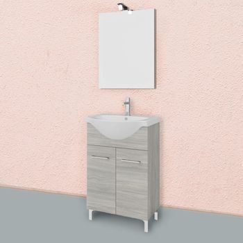 Mueble De Baño Con Pies De Roble Gris Completo Con Lavabo Y Espejo 56cm