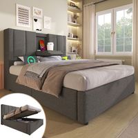 cama tapizada de 90x200 cm con sistema hidraulico de carga y sabanas grises