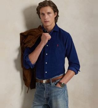 Polo Ralph Lauren para hombre. 710P00518005 Camisa de pana Custom Fit azul (S), Casual, Algodón, Manga larga