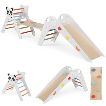 Costway Juguetes Plegables de Escalada para Niños Montessori de Escalada de Madera con Tema de Panda Gimnasio en Interiores con Tobogán Rampa Blanco