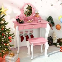 juego de mesa y silla de tocador ninos 2 en 1 con espejo y cajones rosa