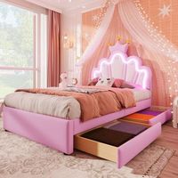 cama infantil tapizada 90 x 200 cm rosa con luz led y 2 cajones