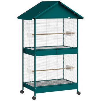PawHut Jaula para pájaros con ruedas y separador extraíble, 6 comederos y 4 perchas, 2 bandejas deslizantes, para periquitos, ninfas, canarios