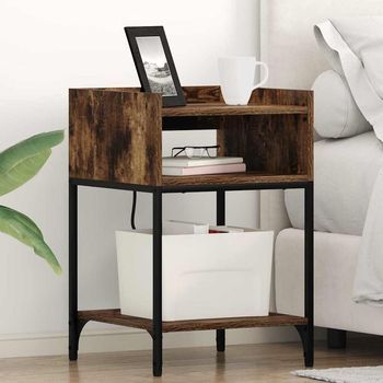 Mesitas De Noche 2 Uds - Mueble De Dormitorio - Madera Y Acero - Roble Ahumado (40x40x61cm)