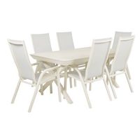 conjunto de mesas y sillas de jardin extensible aluminio y textilene color blanco envejecido mesa170x100x75 sillas65x56x112