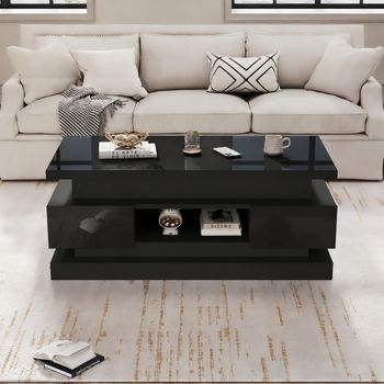 Mesa De Centro Elevable Negra Con Led, 100 X 50 Cm, 2 Cajones Y Almacenaje Oculto