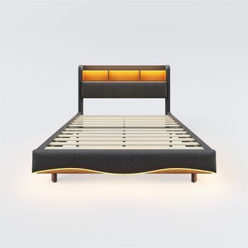 Cama De Adulto 140x200cm En Tejido De Lino Cabecero Con Almacenaje Con Led Y Enchufes Gris