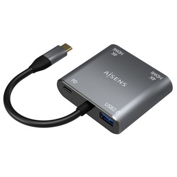 Aisens A109-0625 Adaptador USB-C a 2xHDMI/USB-C/USB 2.0 15cm Gris