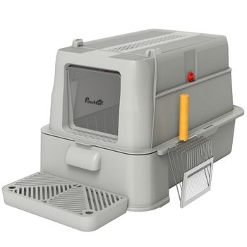 PawHut Arenero para Gatos de Acero Inoxidable XL con Tapa Abatible 180° Laterales Altos Pedal Pala Gris Claro