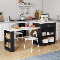 isla central con mesa extensible - 131 cm de ancho - tomas usb - marmol blanco y negro