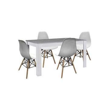 Pack Mesa De Comedor O Cocina Fija  Blanco Y Gris + 4 Sillas Estilo Nordico Blanco
