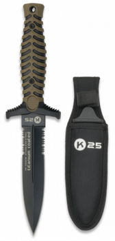 Cuchillo Táctico K25 con mango de goma, hoja de acero inoxidable con baño de Titanio de 12.5 cm. Incluye funda de nylon 32206