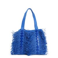 bolso shopping de rafia con flecos y botones decorativos blue