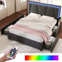 cama de adulto tapizada 140x200 cm con iluminacion led y 4 cajones - cabecero regulable - lino gris
