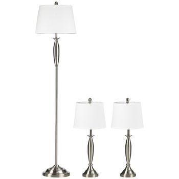 HOMCOM Conjunto de 3 luces 1 lámpara de pie 2 lámparas de mesa aspecto de lino; 38x38x158 cm Plata + Blanco   Aosom España