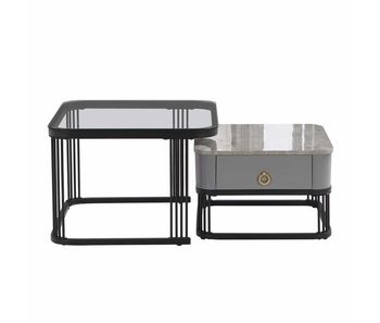 Mesa de centro apilable - 2 piezas - alta gloss con diseño de mármol y vidrio, patas negras, con cajones