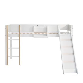 Cama Alta 90x200 Cm Con Estantes Extraíbles - Con Escalera Y Tobogán - En Madera De Pino Y Mdf - Blanco