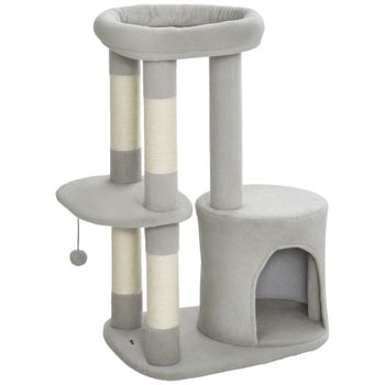PawHut Árbol rascador torre de juegos para gatos postes rascadores, plataforma, caseta, pelota, tejido de peluche, 60 x 45 x 90 cm, gris claro   Aosom España