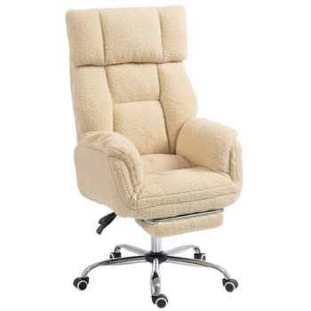 HOMCOM Silla de Oficina Ergonómica con Reposabrazos Abatibles 5 Niveles, Sillón Reclinable en Tejido Teddy, Crema