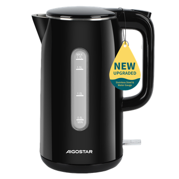 Aigostar Lydian - Hervidor de agua Electrico Diseño de Doble Pared, 1,7 L, 2200W Hervidores Eléctrico de Acero Inoxidable, Indicador Nivel Agua, Doble Protección, Base de 360°, Libre de BPA, Negro