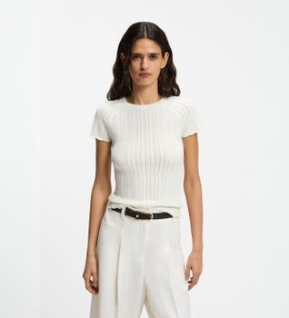 BOSS para mujer. 50559805 Camiseta de punto Fice blanco roto (L), Casual, Algodón, Manga corta