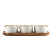 set de aperitivo de 3 cuencos sobre bandeja de madera 29x10cm
