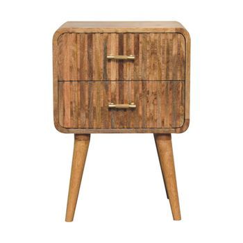 Mueble De Mesilla De Noche De Madera Maciza Artesanal Con Barra En T Y Patas De Castaño Estriadas.