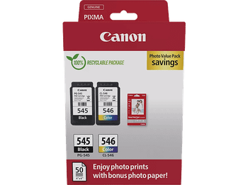 Cartucho de tinta - Canon PG-545/CL-546, 8 ml, 180 páginas por cartucho, 50 Hojas Papel Fotográfico Satinado, Negro, Color (cian, magenta, amarillo)