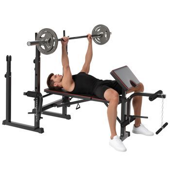 Bicicleta Estática Rolipo Banco De Pesas Multifuncional 2 En 1 Con Soporte Ajustable Para Barra, Respaldo Ajustable Y Extensión De Piernas