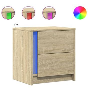 Juego De 2 Mesitas De Noche - Mesillas Luces Led Madera Ingeniería Roble Sonoma Mc6194