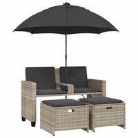 sofa jardin 2 plazas sombrilla y taburetes ratan pe gris claro vidaxl