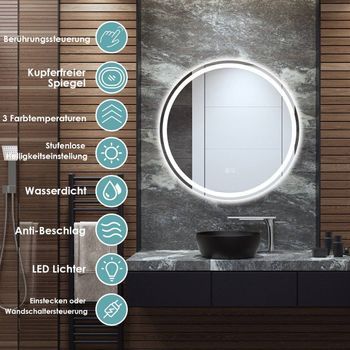 Espejo De Baño Con Espejo Led Redondo Para Montaje En Pared 3000 K-6000 K