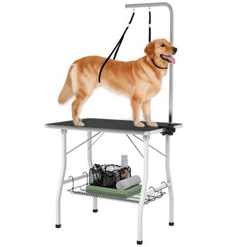 Mesa plegable para el cuidado de perros, marca Pawhut, de 90 x 60 x 76 cm, estable, con alfombrilla de goma antideslizante y 2 correas. Potencia: R.