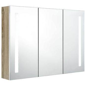 Armario De Baño | Mueble De Baño Con Espejo Led Blanco Y Roble 89x14x62 Cm