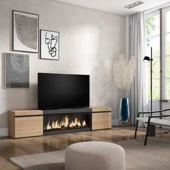 Mueble tv efecto madera roble y negro 208x35x45 chimenea efecto fuego
