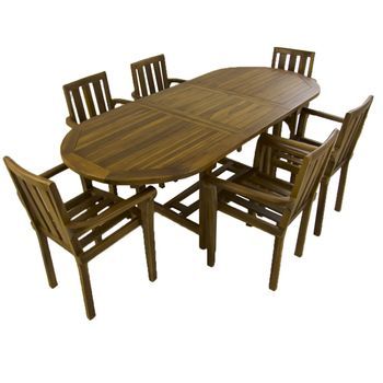 Conjunto De Jardín De Madera Teca, Mesa Ovalada Extensible 160 A 210 Cm Y 6 Sillones Apilables, Madera Teca Grado A, Tratamiento Al Agua Aplicado, Juego De Comedor De Teka, Set Sillas Y Mesa De Teka