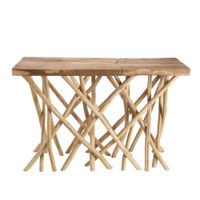consola con tablero de madera de teca y patas de madera flotante