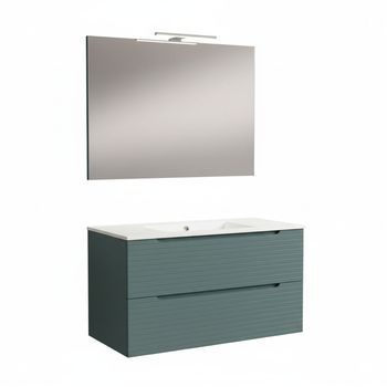 Kibath Mueble De Baño Con Lavabo, Espejo Y Aplique Led Boreal 100x45 Cm Acabado Azul Oceano Mate 2 Cajones Suspendido