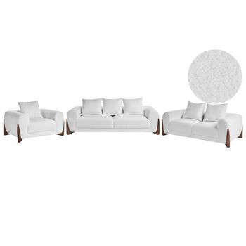 Conjunto De Sala De Estar 6 Plazas Sofás Y Sillón Tapizado De Bouclé Con Reposabrazos Patas De Madera Sala De Estar Moderno Blanco Vinliden
