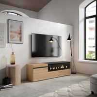 mueble tv efecto madera roble y negro 150x35x45 chimenea efecto fuego