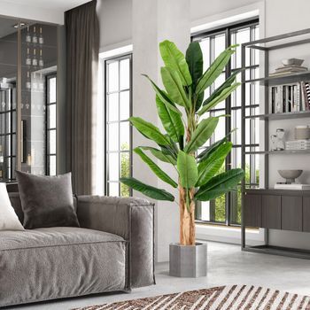 Plátano Artificial De 195 Cm De Alto Con 27 Hojas Grandes Tallos Triples Corteza Natural Planta Verde En Maceta Decoración 195 Cm