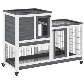 PawHut Conejera Interior de Madera con Ruedas para Conejos Mascotas Pequeñas Rampa 2 Bandejas Extraíbles 110x50x86 cm Gris   Aosom España
