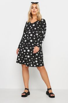 Yours Vestido Corto Negro De Lunares Blancos, Mujer Curvy Y Tallas Grandes, Yours