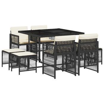 Set De Comedor De Jardín 9 Piezas | Mueble De Jardín Y Cojines Ratán Sintético Negro